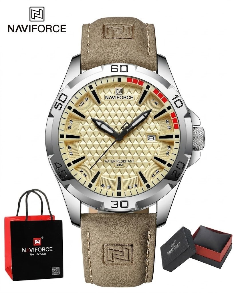 NAVIFORCE Men’s Classic Sport Quartz Watch with Leather Strap & Date Display
