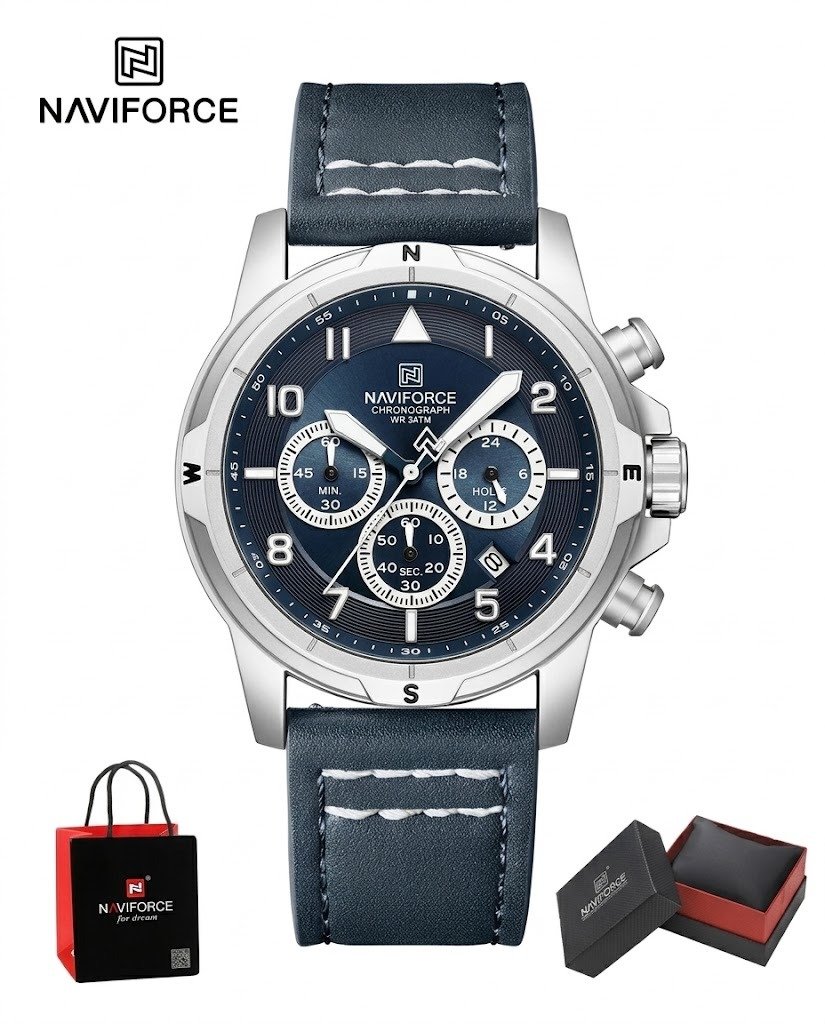 NAVIFORCE Men’s Luxury Quartz Watch – Chronograph Leather Strap Waterproof Wristwatch